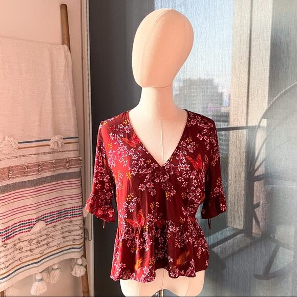 Madewell Tie-Sleeve Wrap Top in Butterfly Sanctuary Women’s Size 2 - Picture 1 of 9